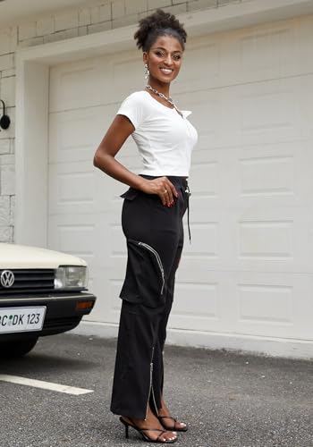 HuiSiFang Womens Baggy Cargo Pants High Waisted Casual Wide Leg Slit Drawstring Trousers with Pockets3