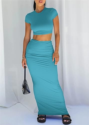 Image of Women 2 Piece Bodycon Maxi Skirt Set & Crop Top Summer Outfits | Soft Stretchy Fabric, Slim Fit, Short Sleeve, High Waist, Casual Lounge Matching Sets, Dressy Vacation Outfit, Date Night