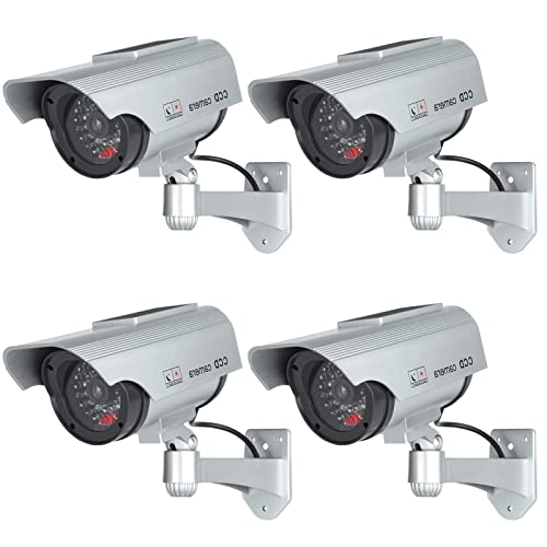 nonmon Juego de 4 Cámara Falsa Dummy Cámara con Energía Solar de Seguridad LED Parpadeante Sistema de Vigilancia Cámara Simulada CCTV - Plata