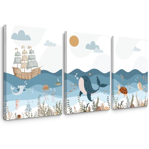 Image of Ocean Nursery Wall Art Pictures Blue Nautical Canvas Art Beach Animal Wall Decor Baby Boys Room Wall Art Sea Whale Prints Ocean Nautical Poster for Nursery Baby Room 12x16 Inch Set of 3 Framed