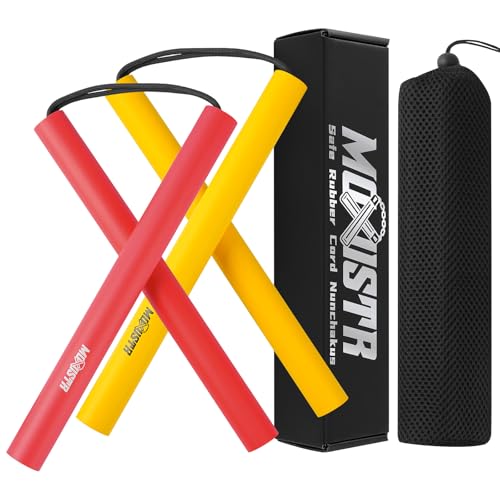 MOXIISTR Safe - Cordón de goma de espuma Nunchakus mejorado para principiantes, práctica y entrenamiento, paquete de 2 (amarillo-rojo)