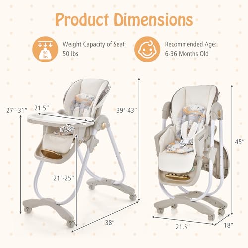 Image of HOMGX Portable High Chair, Foldable Baby Feeding Chair with Adjustable Footrest & Backrest, Large Dishwasher-Safe Double Tray, Toddler Highchair for 6-36 Months, Grey