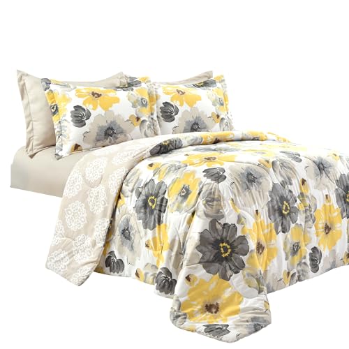 Image of Lush Decor Leah Reversible Comforter Set, 6 Piece Set, King, Yellow & Gray- Watercolor Botanical Comforter Queen Size-Farmhouse Florals Bedding Decor