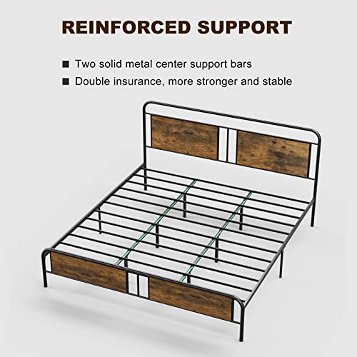 Ikifly King Bed Frame With Industrial Wood Headboard/Footboard, Heavy Duty Metal Slats Support, Under-Bed Storage, No Box Spring Needed - Rustic Brown #TOP7