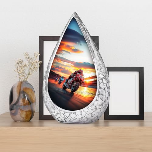 Image of Sunset Motorcycle Urns for Ashes - Combo of 5 with 10 Inch Funeral Cremation Urn for Adult Female, Mother & Men and 3 Inch Mini Biker Keepsake Urns for Human Ashes - Burial Memorial Set