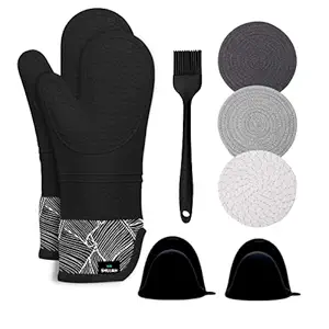 SHUJAH Set of XL Heat Resistant (500) and Washable Silicone Cotton Oven Mitts with 2 Mini Mitts 3 Pot Holders 1 silicone brush For Oven Dishes Cooking (8 Pcs) (Black)