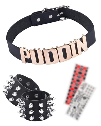 Puddin Choker Halloween Set Adjustable Punk Leather Letter Collar Necklace Tattoo Stickers Rivets Spike Bracelet Halloween Cosplay Accessories for Women Girls