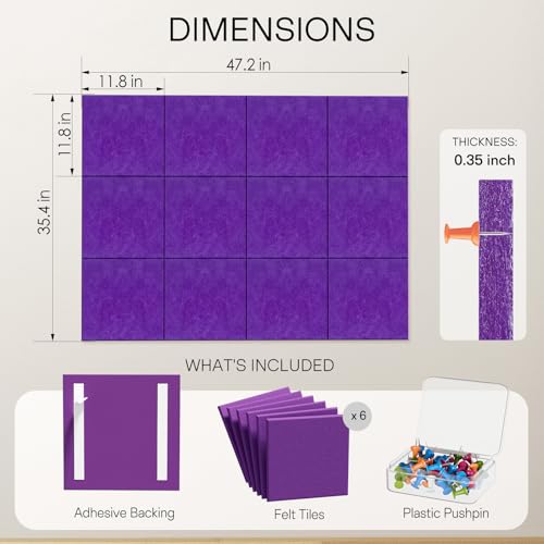 Image of MaxGear Felt Bulletin Board 48 inch x 36 inch, Violet Felt Wall Tiles Wall Decor