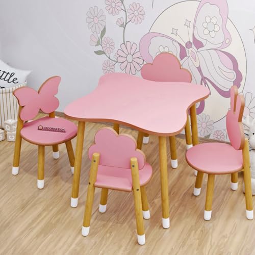 Image of DecorNation Kids Table & Chair Set - Cloud & Bunny Design, Solid Wood Legs, Pink Play Table with 4 Chairs - Study, Play & Activity Furniture for Toddlers & Children