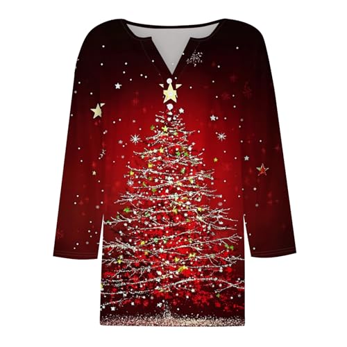 Image of Women Christmas Shirt 3 /4 Length Sleeve Henley Tops Xmas Outfits