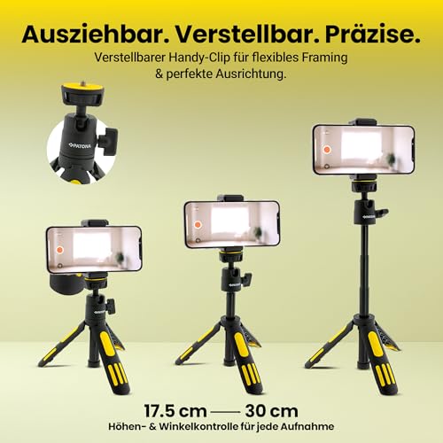 PATONA Extendable Tripod up to 30 cm for Smartphone & Camera | Phone Tripod for iPhone & Android | Compact Travel Stand with Clip | Adjustable Stand for Vlogging & Video Recording | Plastic & Aluminum - Image 3