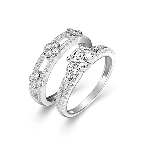 Yaresul 925 Sterling Silver Eternity Ring for Women Princess-Cut Cubic Zirconia Clover Ring, Fake Diamond Ring for Her, Size Q