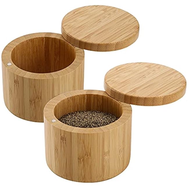 Tosnail 2 Pack Bamboo Salt and Pepper Holder Box Spice Jars Spice Containers Seasoning Storage Box with Swivel Lid and Magnet Lock - 6 oz Capacity