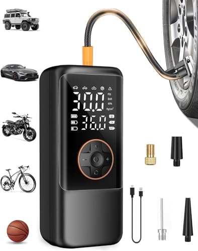 Elektrische Luftpump mit Akku, 150 PSI Luftpumpe für Fahrradpumpe, Tragbar Mini Kompressor mit Manometer & Doppelt-LED-Anzeige, 12V DC Elektrische Autoreifen für Autos, Motorräder, Fahrräder und Bälle