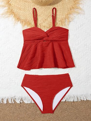 Image of OYOANGLE Girl's 2 Piece Tankini Swimsuit Textured Twist Front Ruched Ruffle Bikini Set Bathing Suits