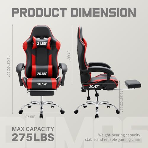 Image of DUMOS Ergonomic Gaming Office Desk Chair with Footrest and Headrest for Adults, PU Leather Video Computer Chair with Linkage Armrests, Height Adjustable 360 Swivel Recling, Black Red