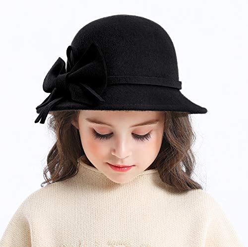 Bienvenu Kids Girls Winter Warm 100% Wool Bucket Hats Fedoras With Bowknot,Black #TOP3
