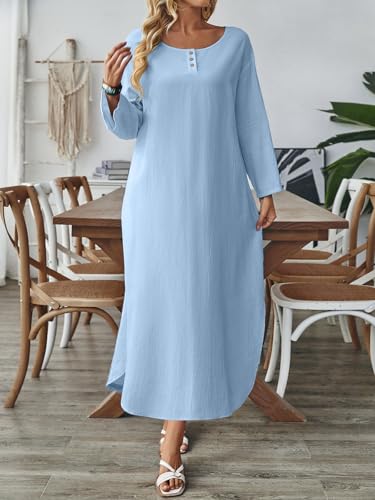 Image of Celmia Autumn Solid Loose Long Maxi Dress Cotton Caftan
