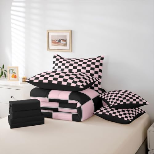 Image of Erosebridal Plaid King Comforter Set with Sheets 7 Piece Pink Black Checkerboard Bed in A Bag Geometric Checkered Bedding Sets for Kids Adults,Aesthetic Grids Bed Set