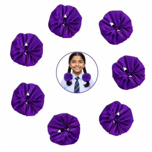 Image of Readymade Ribbon for School Girls - Soft Satin Bow Hair Accessory - Easy to Wear, Stylish & Neat Look - Ideal for School Uniforms bow in girls & Daily Use - Pack of 8 /School Ribbon in Kids / Purple Colour (purple, medium)