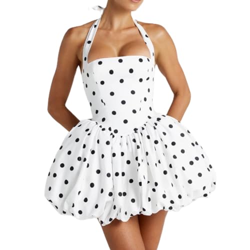 Women Y2K Halter Bubble Mini Dress Sexy Open Back Tie up Backless Corset Short Puff Dress Party Cocktail Clubwear (Polka Dot, S)