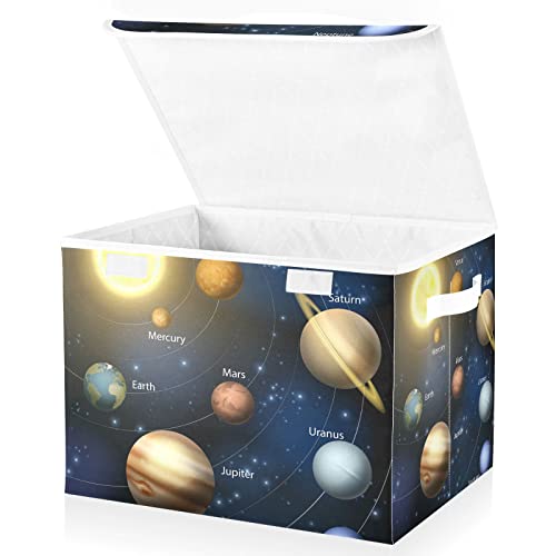 Oyihfvs Solar System Planets Foldable Cube Storage Basket Collapsible Fabric with Lidded Sturdy Handles Organizer Box for Home Bedroom 16.5 x 12.6 x 11.8 in