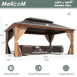 MELLCOM 12'x16' Hardtop Gazebo, Wood Grain Aluminum Frame Outdoor Gazebo with Double Galvanized Steel Roof, Permanent Metal Pavilion with Curtains and Nettings for Patio, Backyard, Deck and Lawns MELLCOM 12×16 Hardtop Gazebo Wood Grain Aluminum Frame Outdoor Gazebo with Double Galvanized Steel Roof Permanent Metal Pavilion with Curtains and Nettings for Patio Backyard Deck and Lawns