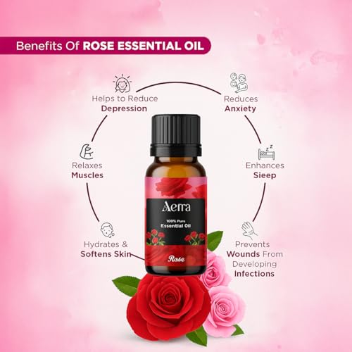 Image of Aerra Rose Essential Oil (15ml) - Pure Aroma Oil for Diffuser, Puja, DIY - Floral Scent