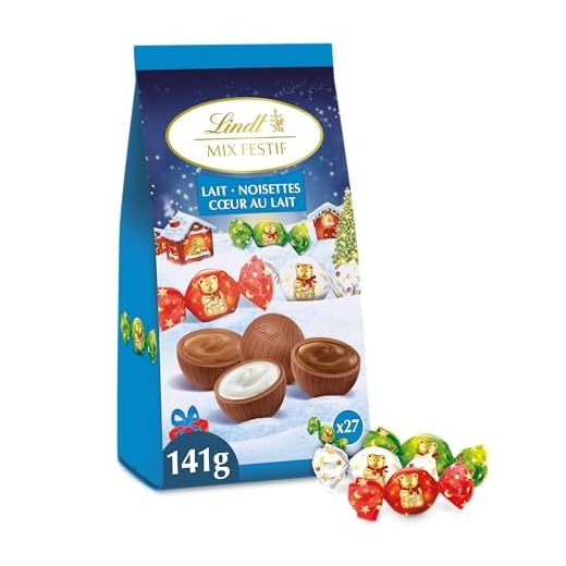 Lindt - Sachet TEDDY Mix Festif - Assortiments de Chocolats au Lait - Cœur onctueux Lait et Cœur Noisettes - Idéal pour Noël, 146g