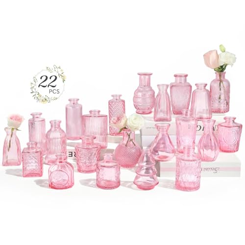 RUCKAE Pink Flower Vase in Bulk 22 Glass Bud Vases Vintage Small Vases for Centerpiece Table Wedding Decorations Home Decor Party (Pink)