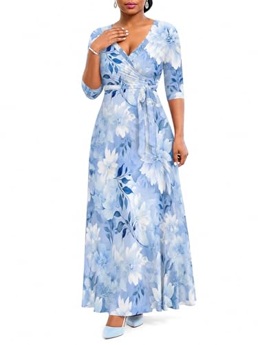 Image of PinkPatty Plus Size Maxi Dress for Women Casual V Neck 3 /4 Sleeve Boho Printed Long Dress with Pockets
