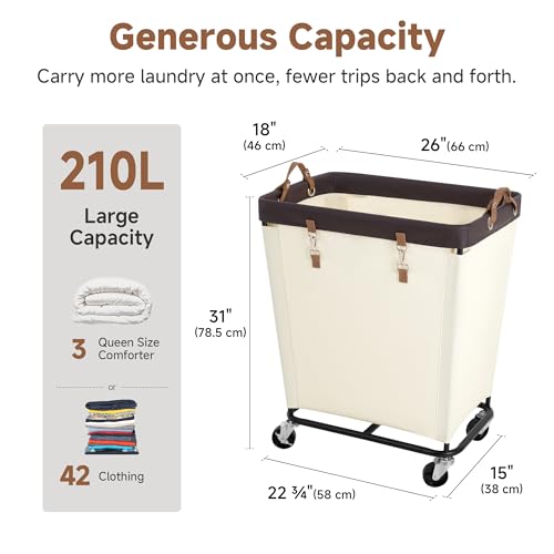 Image of StorageWorks Laundry Basket with Wheels for Clothes, 210L Beige Hamper Cart