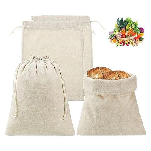 WYRGQIQN Lot de 4 Sacs à Pain en Lin avec Cordon de Serrage, Sacs en Lin Réutilisables pour Le Pain, Les Pâtisseries, Les Fruits et Les Légumes (30x40cm)