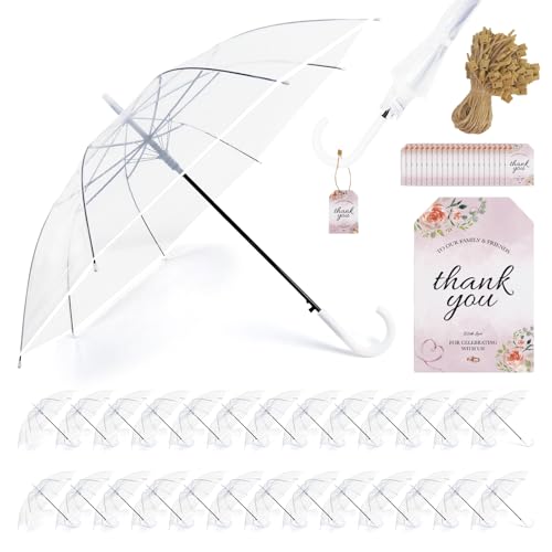 Myndefuul 30 Pack Clear Umbrella Wedding Auto Open Transparent Stick Umbrella with White J Hook Handle Windproof Waterproof Large Canopy Umbrella for Bride Groom Photography Golf Outdoor Events