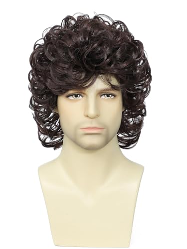 Image of Short Feather Hair Wig for Men, 70s /80s Retro Costume Wig with Glasses, Ideal for Halloween Cosplay & Themed Events(Dark Brown)