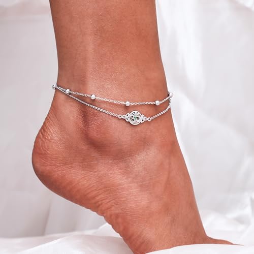 Image of CHIC & ARTSY 925 Sterling Silver Ankle Bracelets for Women, Dainty Adjustable Layered Foot Chains with Symbolic Charms, Boho Beach Everyday Lightweight Jewelry