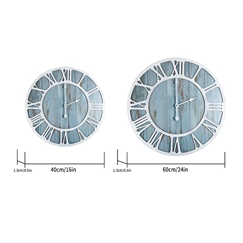 Wood Wall Clock Farmhouse Style Metal Silent Non Ticking Round Rustic Beach Blue Solid Wooden Noiseless Wall Clocks with Roman Numerals for Living Room Decor,Dining Room,Kitchen,Office (40CM)… - Image 3