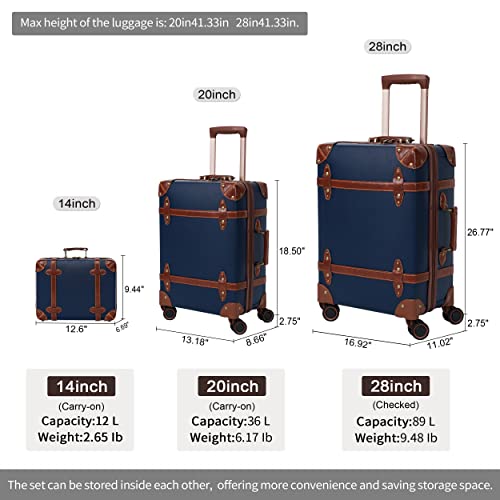 Nzbz Vintage Luggage Sets 3 Pieces Luxury Cute Suitcase Retro Trunk Luggage With Tsa Lock For Men And Women (Navy Blue, 14" & 20" & 28") #TOP7