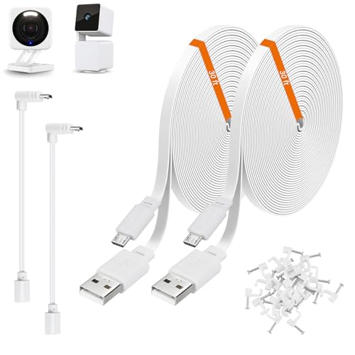 2 Pack 30ft Power Extension Cable Compatible with Wyze Cam v4 Wyze Cam Pan v3 Wyze OG Wyze Cam v3 and v3 Pro Security Camera - 9m Long Flat USB to Micro USB Charging Cord with L-Shaped Adapter White