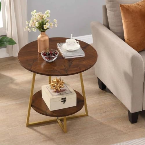 Image of Al Hama Rustic Farmhouse End Table Modern 2 Tier Sofa Side Bedside Table, Metal Frame Nightstand, Multipurpose Living Room Bedroom Coffee Table Golden Brown