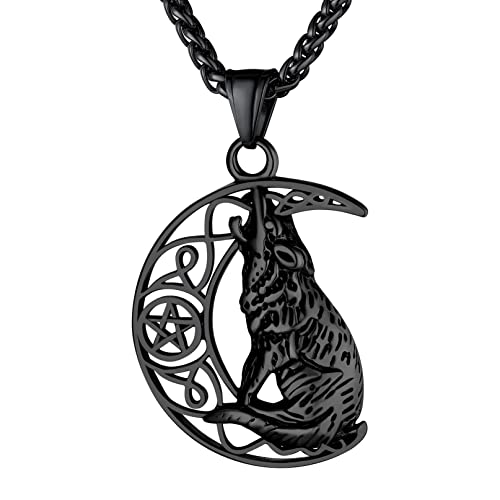 bandmax Collier Noir Homme Lune Loup, Pendentif Croissant avec Pentacle et Un Viking Loup Assis, Bijou Talisman Cover