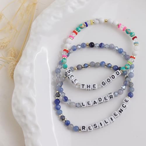 Crystal Letter Beaded Stretch Bracelets for Women, Trendy Boho Gold Natural Stone Beads Bracelet Jewelry Gift.3