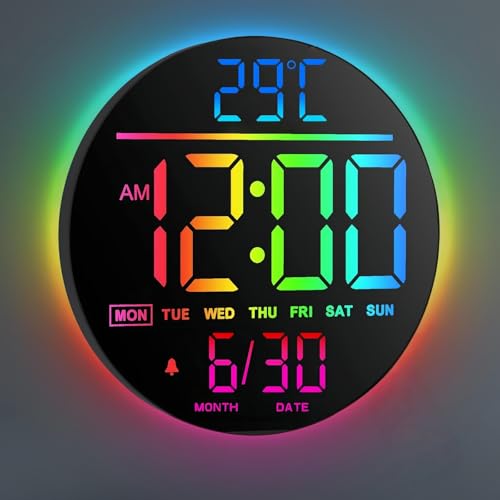 25cm（10インチ）大画面LEDデジタル壁掛け時計 リモコン付き RGB＆単色表示 自動調光 アラーム カウントダウンタイマー ストップウォッチ 温度計 曜日・日付表示 秒表示 寝室・リビング・オフィス・教室・ジム用 クリスマス・誕生日ギフト RGBグラデーションナイトライト USB給電式 アダプター付属 (ブラック)