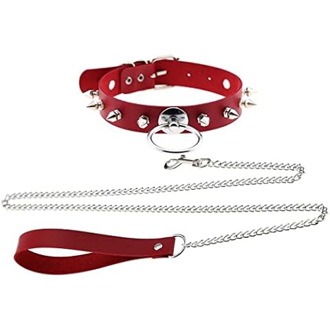 Caiyao Rivets Choker Punk Hauling Chain PU Leather Collar Metal Ring Gothic Necklace Nightclub Goth Leash Belts Adjustable Size, Metal, leather Cover