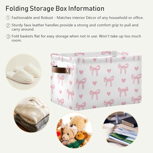 Image of Aslsiy Storage Basket Cute Coquette Pink Bow Nursery Bins White Baby Box Canvas Clothes Shelf Basket Laundry Hamper 2 Pcs