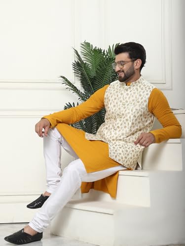 Sojanya (Since 1958 Men's Pure Cotton Mustard Kurta And White Pyjama With Embroidered Cream Nehru Jacket