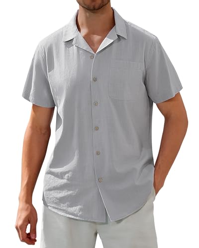 Image of Alimens & Gentle Mens Linen Shirts Cotton Hawaiian Shirts Short Sleeve Button Down Shirts Casual Summer Beach Tops