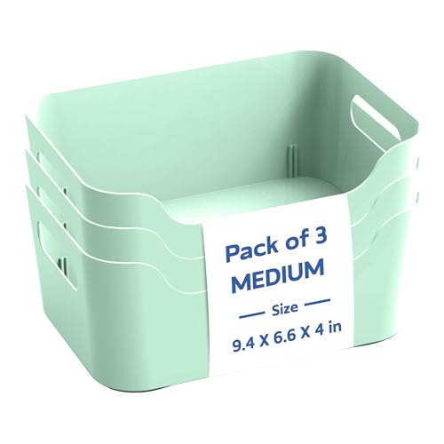 Image of KOLORR Jolly Plastic Medium Baskets with Handle for Storage Box| Multipurpose Light Weight Plastic Baskets organiser for Make-up Stationary Cosmetics Kitchen Livingroom Bathroom | Pack of 3 - Mint