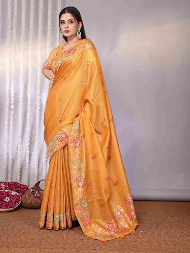 Image of SWORNOF Gold-Toned Woven Design Silk Zari Tissue Saree | Saree for Women | Soft and Skin Friendly