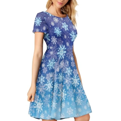 Image of POLERO Women Puffy Swing Elegant Party Midi Dresses Short Sleeve Round Neck A-Line Dress